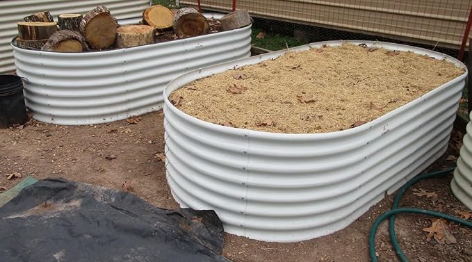 A ANLEOLIFE 8-Set 8X4X2 ft Galvanized Raised Garden Bed Kit, Oval Metal Deep Root Planters for Outdoor Plants, Antique White