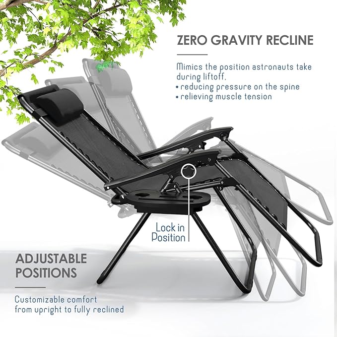 Nestl Zero Gravity Chairs, Portable Patio Lounge Chair Outdoor with Pillows & Cup Holder Trays, Adjustable Steel Mesh Reclining Camping Chair, Folding Patio Lawn Chair for Deck, Beach, Yard - Black