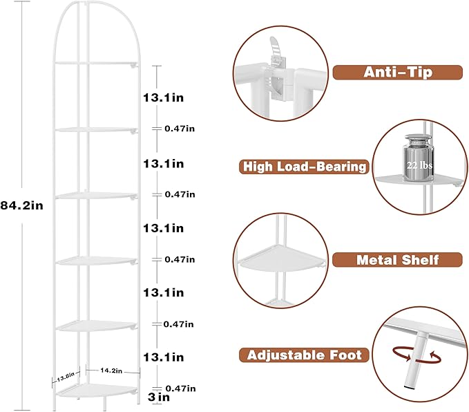 Crofy Foldable 6 Tier Corner Shelf, Metal Corner Plant Stand with White Frame and White Shelves, Corner Display Rack Multipurpose Shelving Unit for Living Room, Bedroom, Bathroom