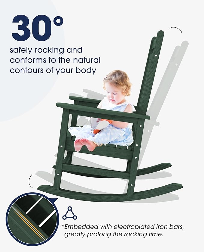 KINGYES Oversized Outdoor Rocking Chair, All-Weather Patio Rocking Chairs for Porch, HDPE Outdoor Patio Rockers with High Back & Wide Seat for Garden, Lawn, Green