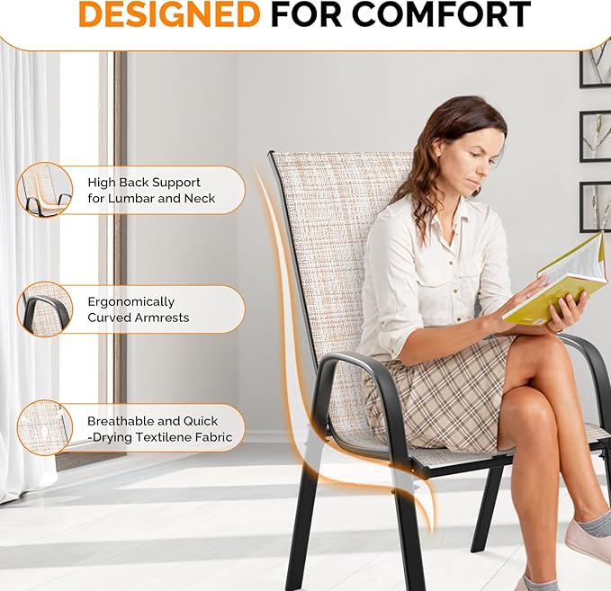 VINGLI Patio Chairs Set of 6 – Stackable Outdoor Dining Chairs with Comfortable Sling High Back Chairs and Armrests for Lawn, Poolside, Courtyard, Balcony, Garden, Yellow