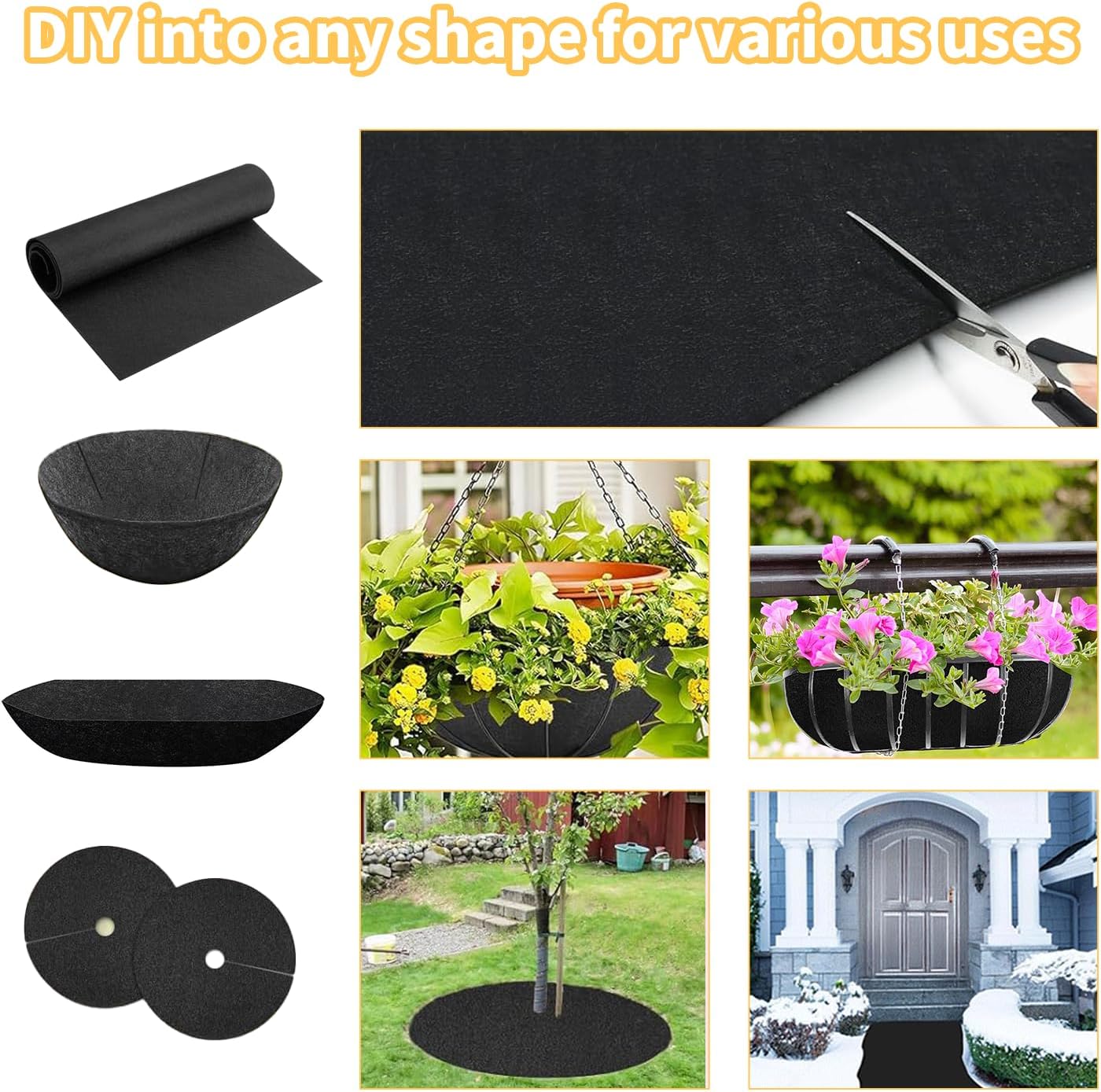 16x122 Inch Black Felt Planter Liner Roll, Non-Woven Hanging Basket Liners Coco Coir Alternative Breathable Outdoor Planter Liner Window Box Liners for Metal Basket Flower Pot Raised Garden Bed