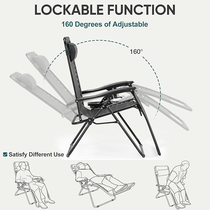 NEWBULIG Zero Gravity Chair Set of 4, Lounge Chair Folding Portable Adjustable Camping Reclining Chairs with Adjustable Pollow, Mesh Back, Cup Holder Trays Lawn Patio Chair for Pool Beach - Black