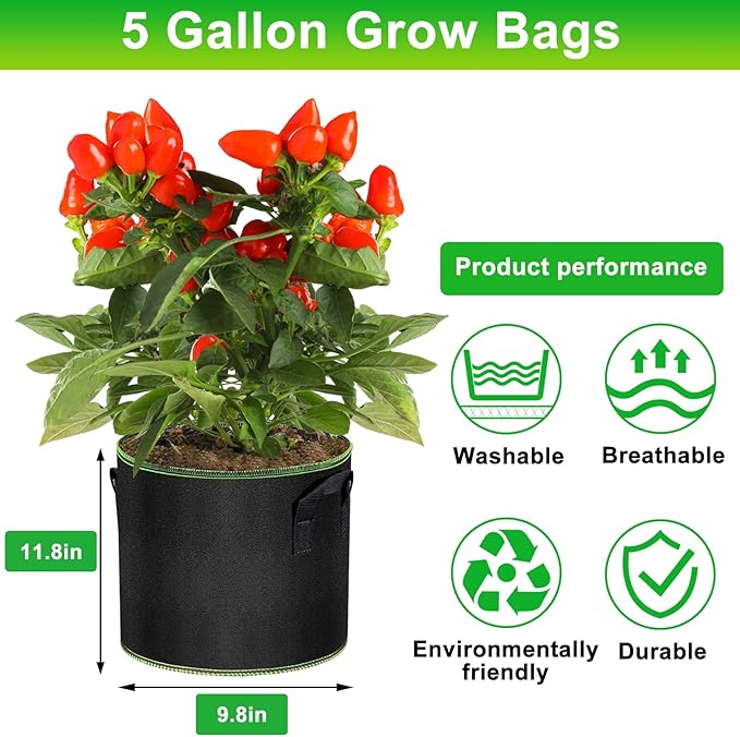 5 Gallon Fabric Grow Bags 6-Pack, Thickened Aeration Planter Bags with Handles Plant Tags Seedling Bags for Outdoor Indoor Vegetable Garden, Black
