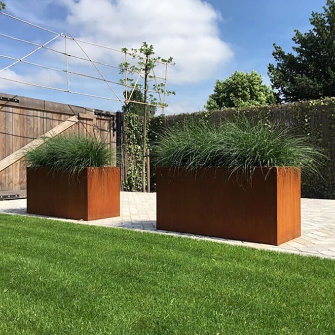 Corten Steel Corner Metal Planter Box L32 x W12 x D16 Garden Steel Planter Pot for Patio Modern Farmhouse Rustic Design (L32 x W12 x D16, Rusted)