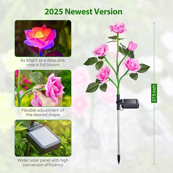 RECHOO Solar Garden Lights Outdoor Decorative, 3 Pack Solar Flower Lights with 15 Rose Flowers, Multi-Color Changing LED Waterproof Garden Decor for Landscape Pathway, Mother's Day Gifts for Women