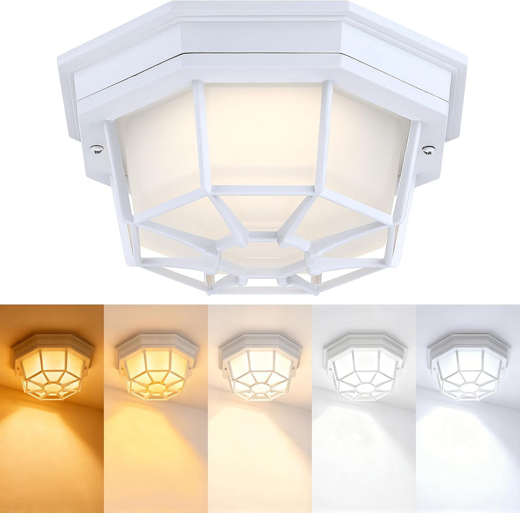 8.5 inch White Outdoor Flush Mount Ceiling Light LED 2700K 3000K 3500K 4000K 5000K 8.5” White Porch Outside Light for Balcony Octagonal LED Ceiling Lights,Aluminum Alloy,Glass,14W, 120V, 750lm-1000Lm