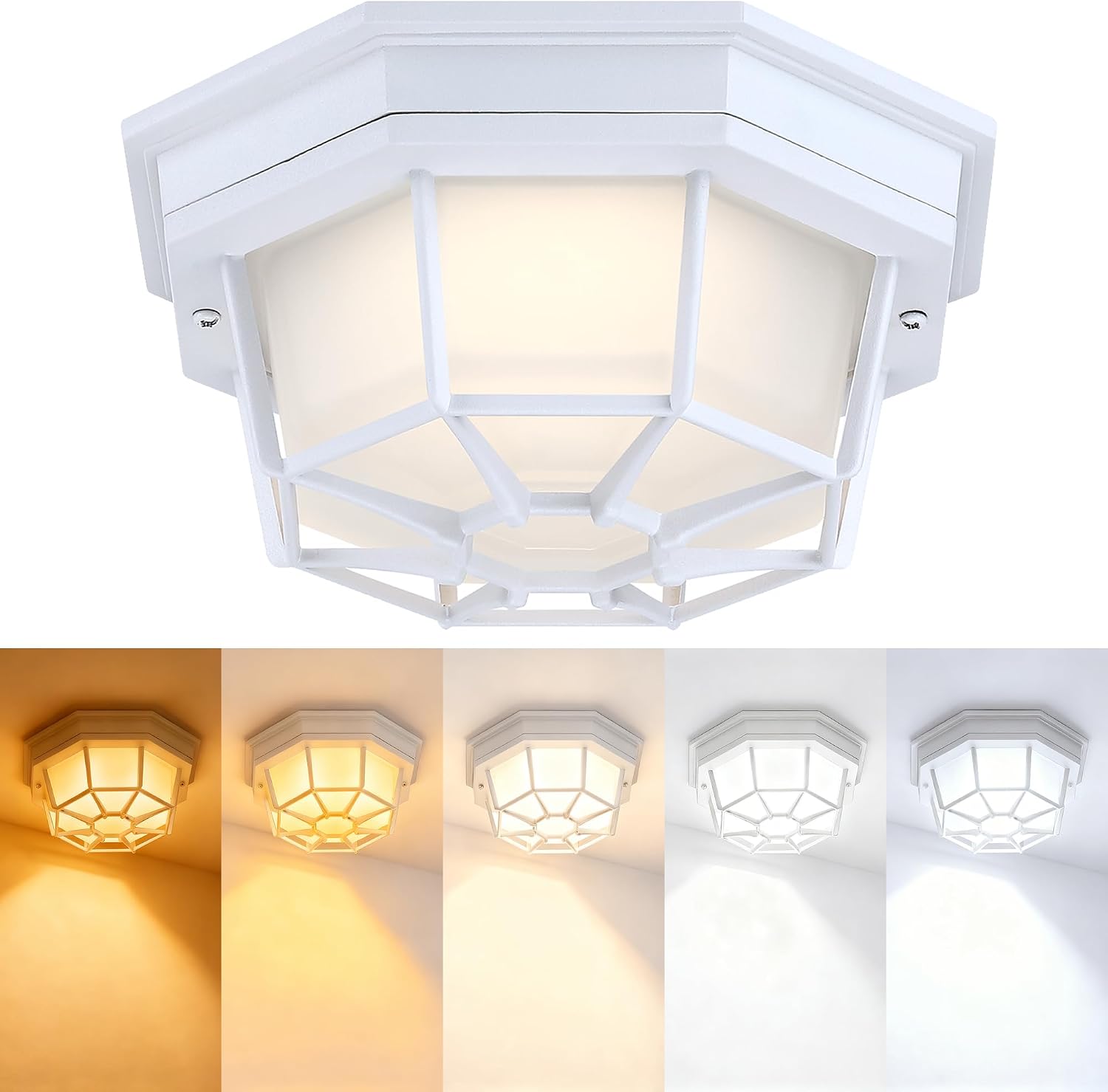 8.5 inch White Outdoor Flush Mount Ceiling Light LED 2700K 3000K 3500K 4000K 5000K 8.5” White Porch Outside Light for Balcony Octagonal LED Ceiling Lights,Aluminum Alloy,Glass,14W, 120V, 750lm-1000Lm