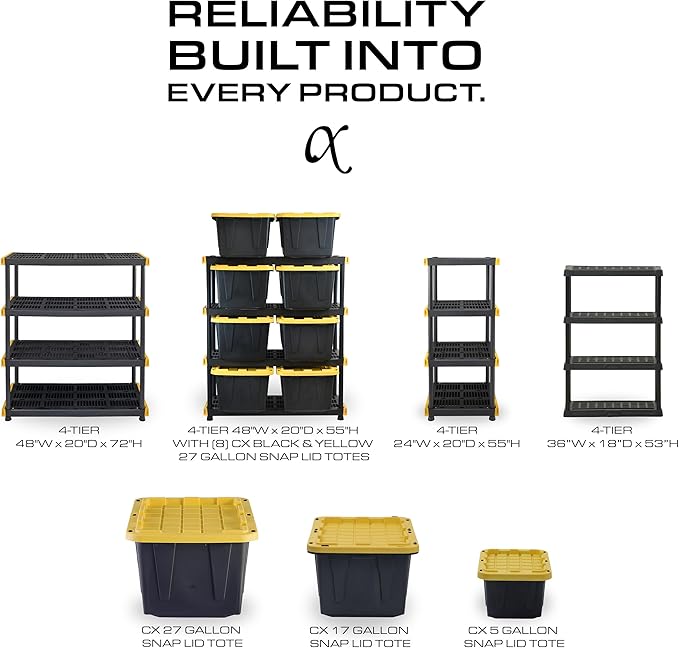 CENTREX CX 4-Tier Heavy Duty Plastic Storage Shelves that Support up to 150lbs/shelf, Organization and Storage, Weather-Resistant Design, Easy Assembly, Black (53”H x 36”W x 18”D)