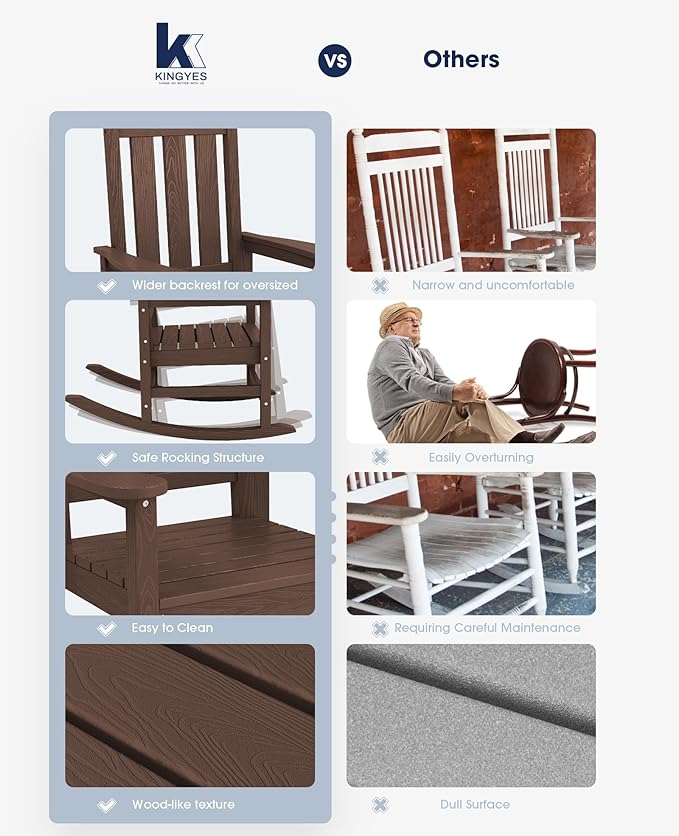 KINGYES Oversized Outdoor Rocking Chair Set of 2, All-Weather Patio Rocking Chairs for Porch, HDPE Outdoor Patio Rockers with High Back & Wide Seat for Garden, Lawn, Coffee