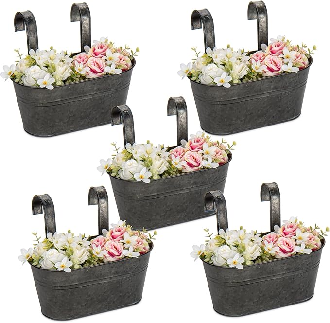 Briful 10'' Hanging Planter Outdoor 5PCS Metal Railing Planter for Herb Flower, Oval Galvanized Buckets with Detachable Hooks, Garden Fence Balcony Windowsill Hanging Pot, Black