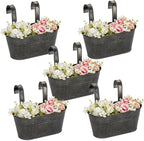 Briful 10'' Hanging Planter Outdoor 5PCS Metal Railing Planter for Herb Flower, Oval Galvanized Buckets with Detachable Hooks, Garden Fence Balcony Windowsill Hanging Pot, Black