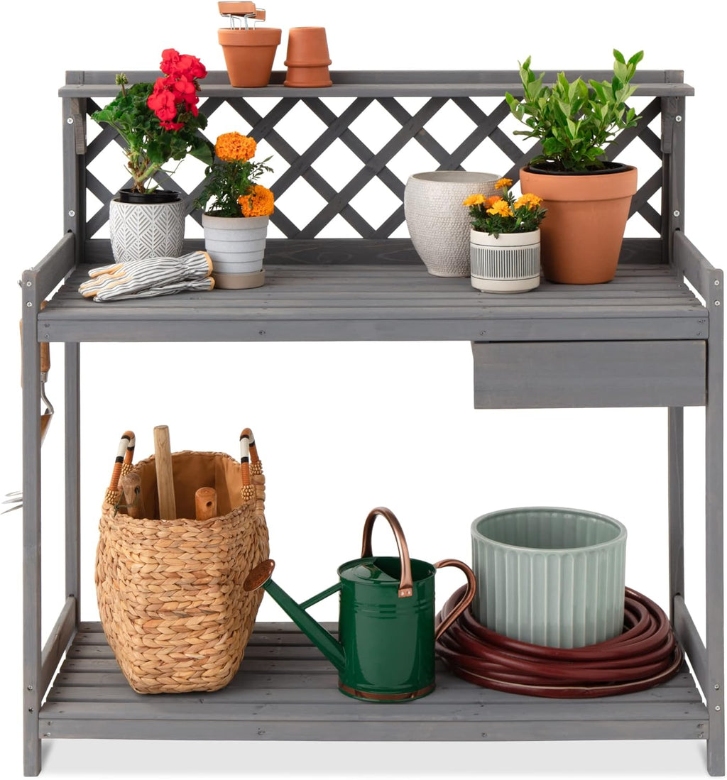 best choice products outdoor garden potting bench, wooden, main product view