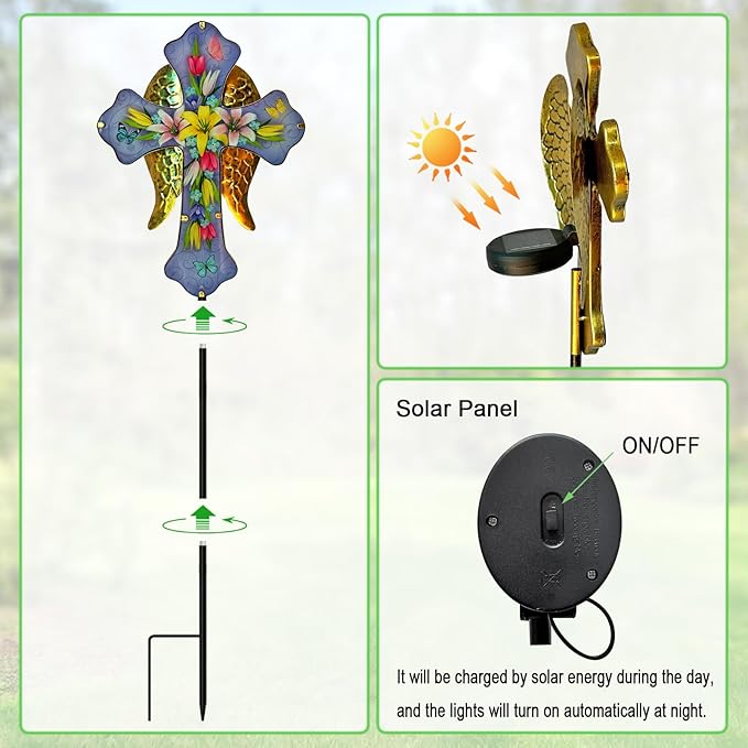 Solar Cross Garden Stake Lights for Outdoor Garden,Cemetery,and Yard Decor,Angel Wings Cross Solar Christmas Lights Outdoor,Memorial Gifts Lily