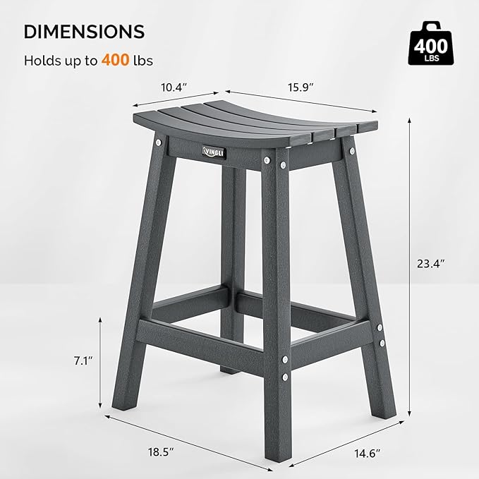 VINGLI 24 Inch Outdoor Bar Stools Set of 2, HDPE Weather Resistance Counter Height Bar Stools Durable Patio Chairs for Bar, Kitchen Counter, Yard (Gray, 24 Inch 2PC)