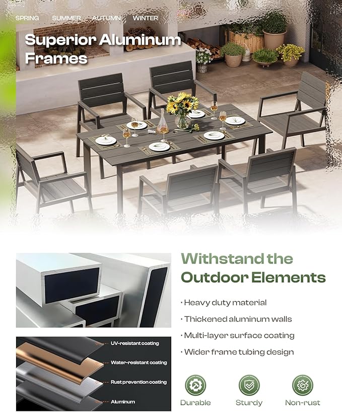 Aluminum Outdoor Dining Set for 6, Patio Table and Chairs Set with Umbrella Hole, 7 Pieces HDPS Outdoor Furniture Sets for Patio, Garden (Gray & Teak)