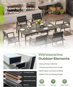 Aluminum Outdoor Dining Set for 6, Patio Table and Chairs Set with Umbrella Hole, 7 Pieces HDPS Outdoor Furniture Sets for Patio, Garden (Gray & Teak)