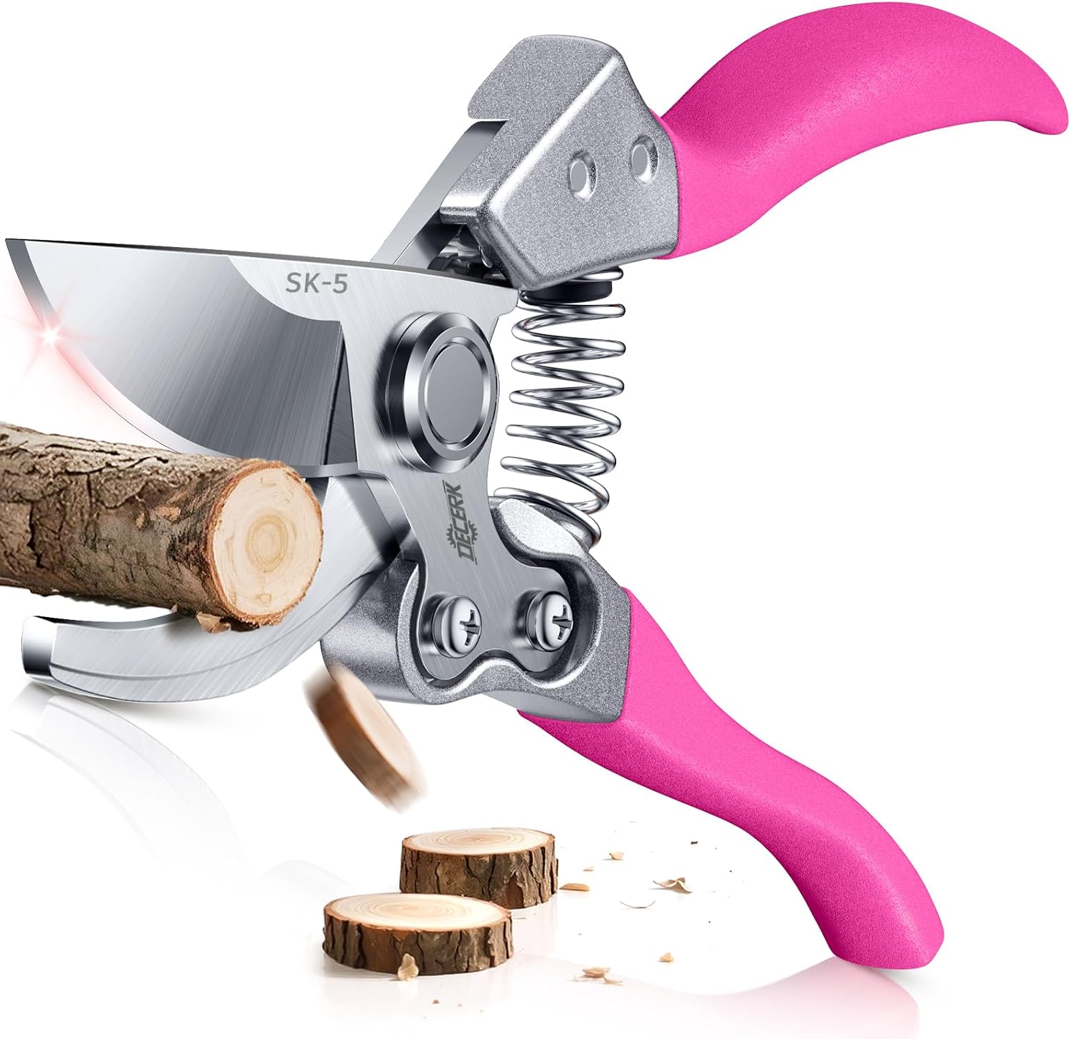 DECERK® 8.5" Bypass Pruning Shears for Women – Lightweight Garden Scissors, Ultra Sharp SK5 Blade, Ergonomic Handle Reduces Hand Fatigue, Ideal Pruners for Arthritic Hands, Pink Tools Gift for Mom