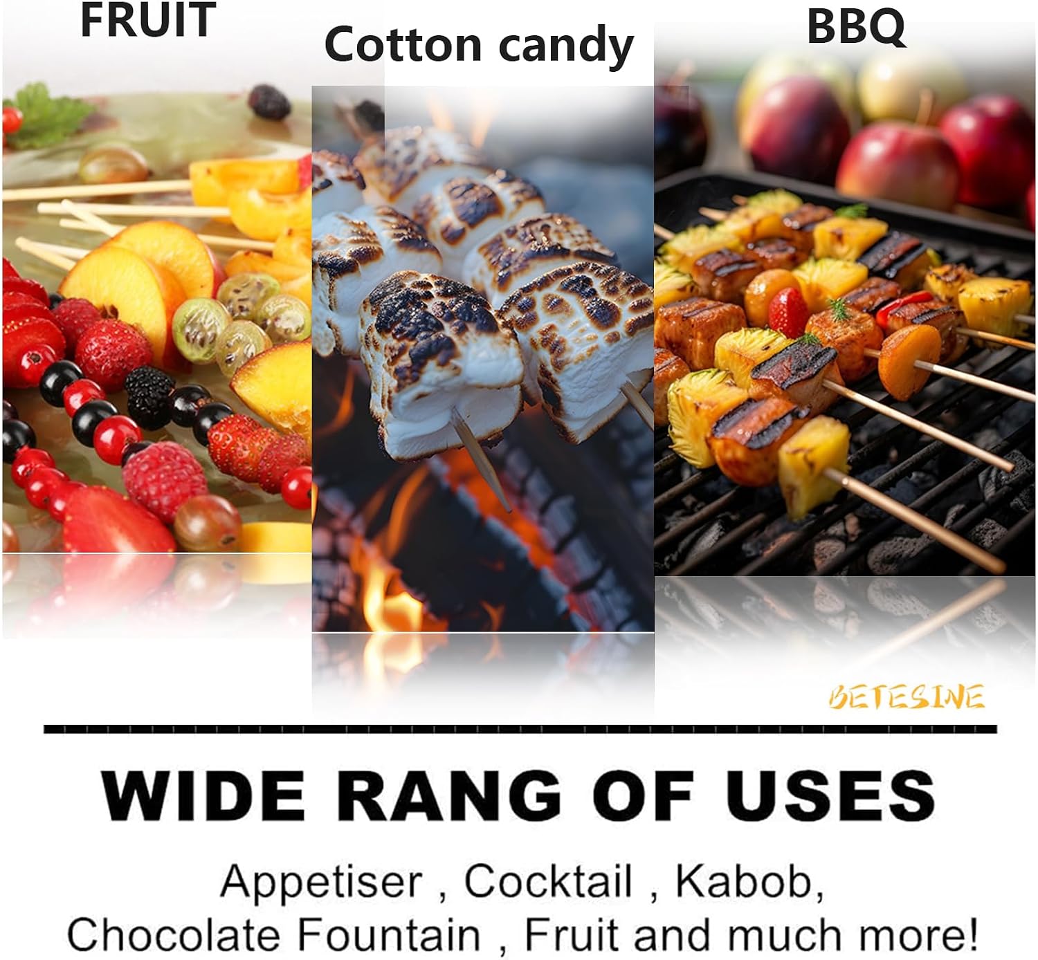 BETESINE 24 Inch Bamboo Marshmallow Roasting Sticks, 100 Pack, 6.3mm | Long 24-inch bamboo s'mores sticks for fire pits, campfires, hot dogs and cookouts; 100 disposable roasting sticks