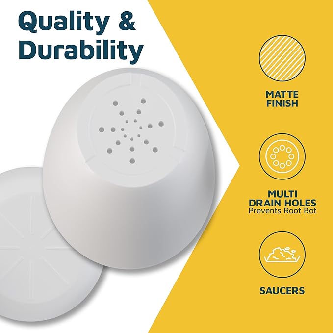 White Plant Pots with Drainage Holes & Saucers 15 Pack, Indoor & Outdoor Stackable Space-Saving Planters for Houseplants & Flowers, (7", 6.7", 6", 5.3", and 4.8" Inches), Durable & Weatherproof