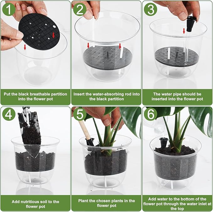 Plant Pots 6/5/4 inch Set of 3, Self Watering Pots for Indoor Outdoor Plants Flowers, Self Watering Planters with Reservoir, Drainage Hole and Absorbent Cotton Rope