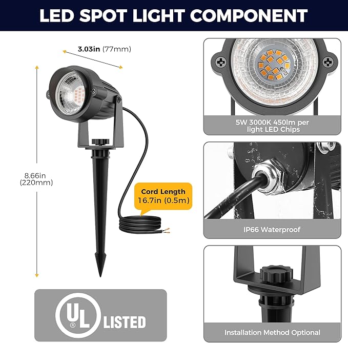 L LOHAS LED 5W Low Voltage Landscape Lighting, Christmas Outdoor Spot Lights with Connectors, 12V 24V IP66 Waterproof 3000K Warm White Plug in Spotlights for Yard, Garden, Pathway, House (8 Pack)