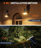 2-Pack Solar Lights Outdoor Waterproof IP67, 3 Color Modes (Warm/Cool White & Hybrid) with 3 Lighting Modes, 105° Adjustable Dusk to Dawn Solar Spotlights for Pathway/Garden/Yard Wall/Ground Lighting