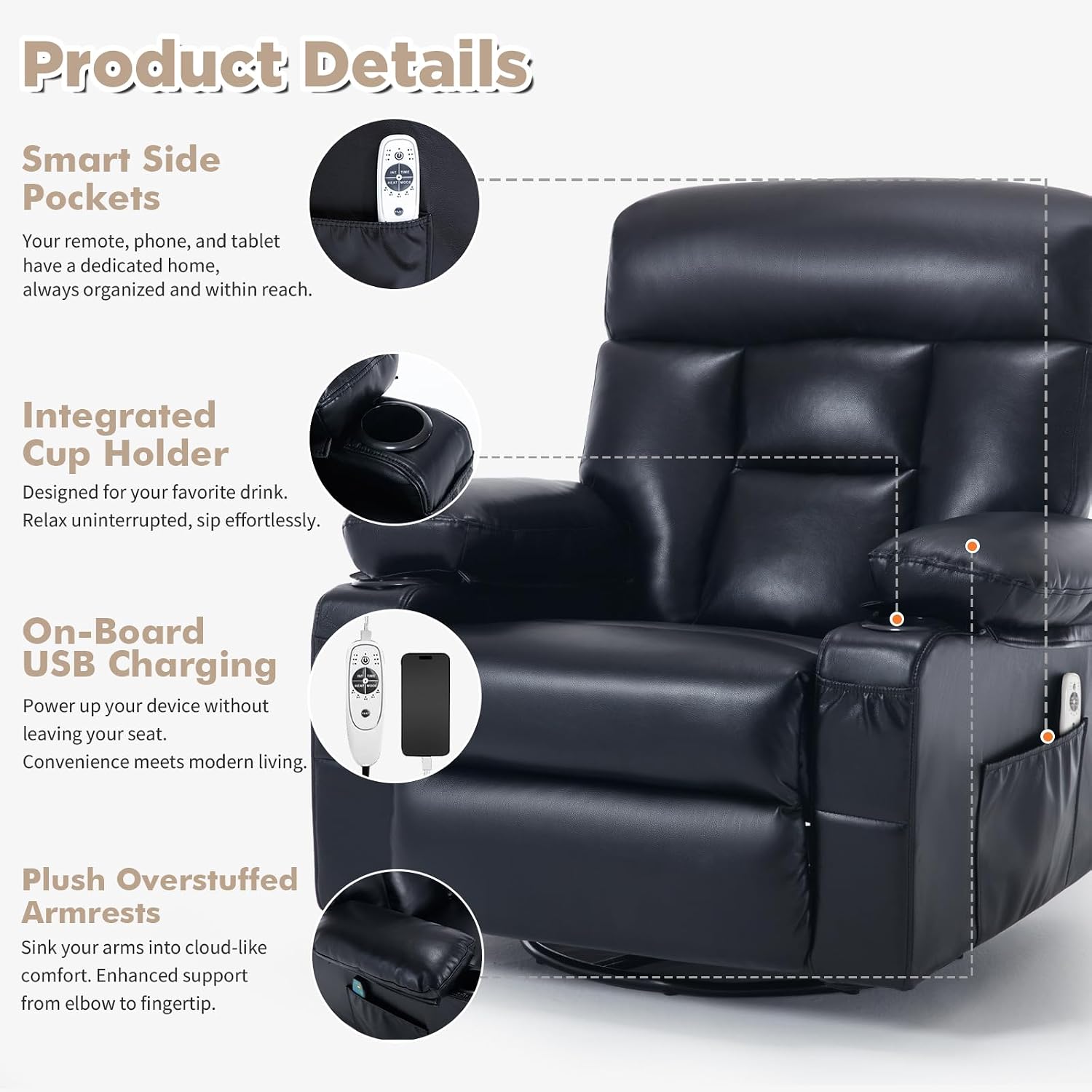 Faux Leather Swivel Rocker Recliner Chair with Heat Massage, Black | Manual Recliner, Overstuffed, Cup Holders, USB Port, Reclining Lounge Chair, Nursery Rocking Glider Chair