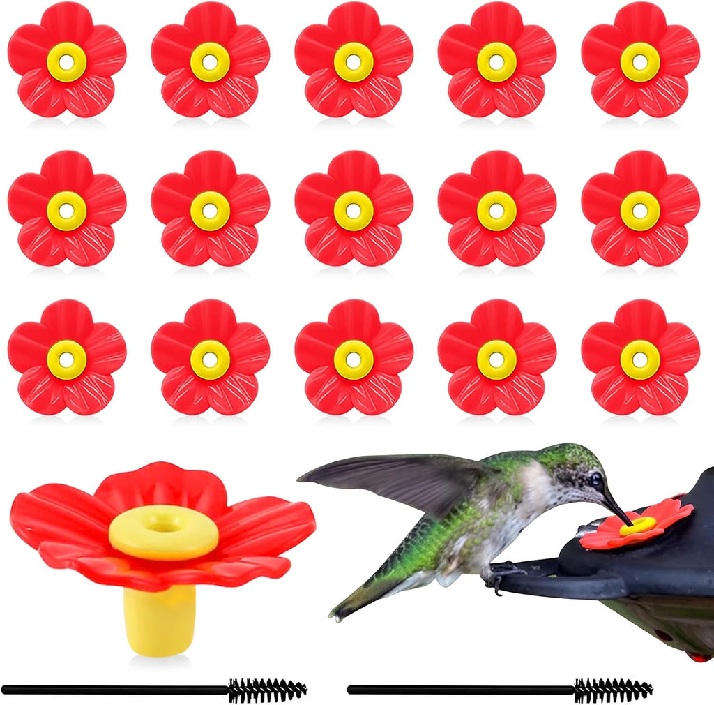 16 Sets Replacement Flowers for Hummingbird Feeder Parts with 2pcs Humming Bird Feeder Brushes for Cleaning, Hummingbird Feeder Replacement Flowers for Outdoor Hanging Bird Feeder Bee Guards Kit