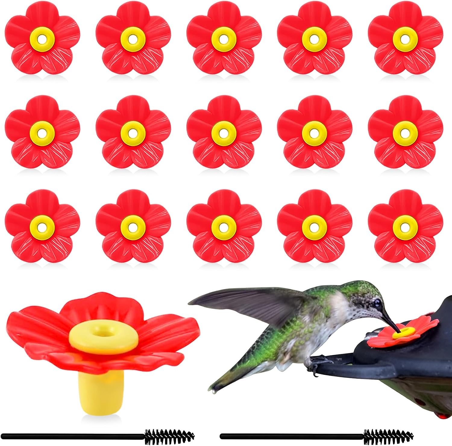 16 Sets Replacement Flowers for Hummingbird Feeder Parts with 2pcs Humming Bird Feeder Brushes for Cleaning, Hummingbird Feeder Replacement Flowers for Outdoor Hanging Bird Feeder Bee Guards Kit