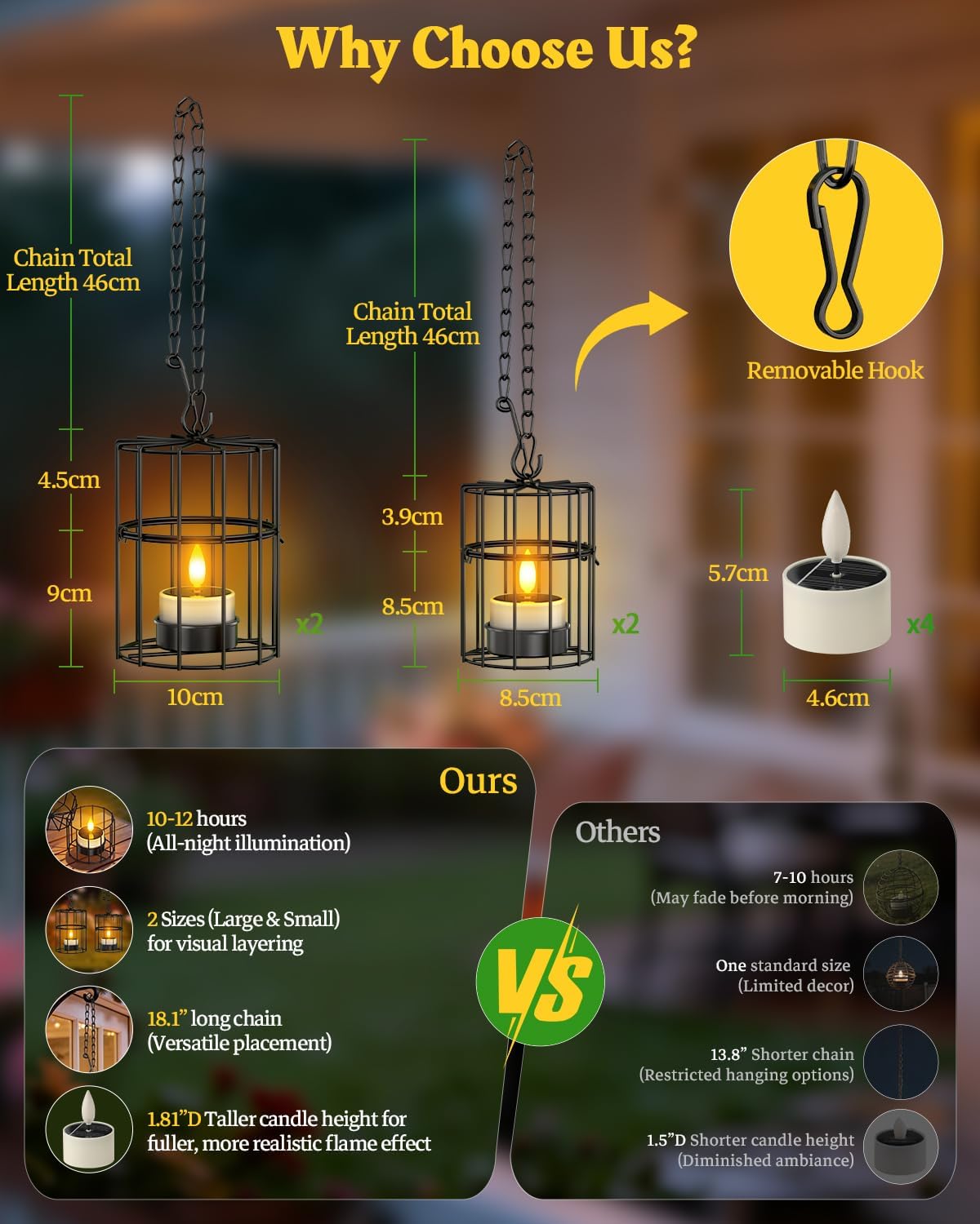 Yme Solar Hanging Lanterns Outdoor Waterproof, Long Lasting Solar Tea Light | 2 Large 2 Small Hanging Candle Holders, Flickering Flameless LED Solar Tealights, Outdoor Decor for Tree Patio Garden Pergola