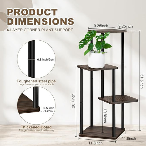 4 Tier Plant Stand Indoor, Thickened Metal Wood Corner Plant Shelf Stands for Multiple Plants, Indoor Tall Plants Stand Tiered Flower Holder for Living Room Patio Garden Balcony(Black+Oak)