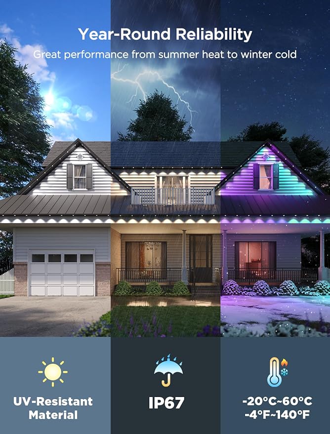 Govee Permanent Outdoor Lights 2, 50ft RGBIC Outdoor Lights with 36 LED Lights, IP67 Waterproof, 100 Scene Modes with 40lm White for Outdoor Decorations, Works with Alexa, Google Assistant, White