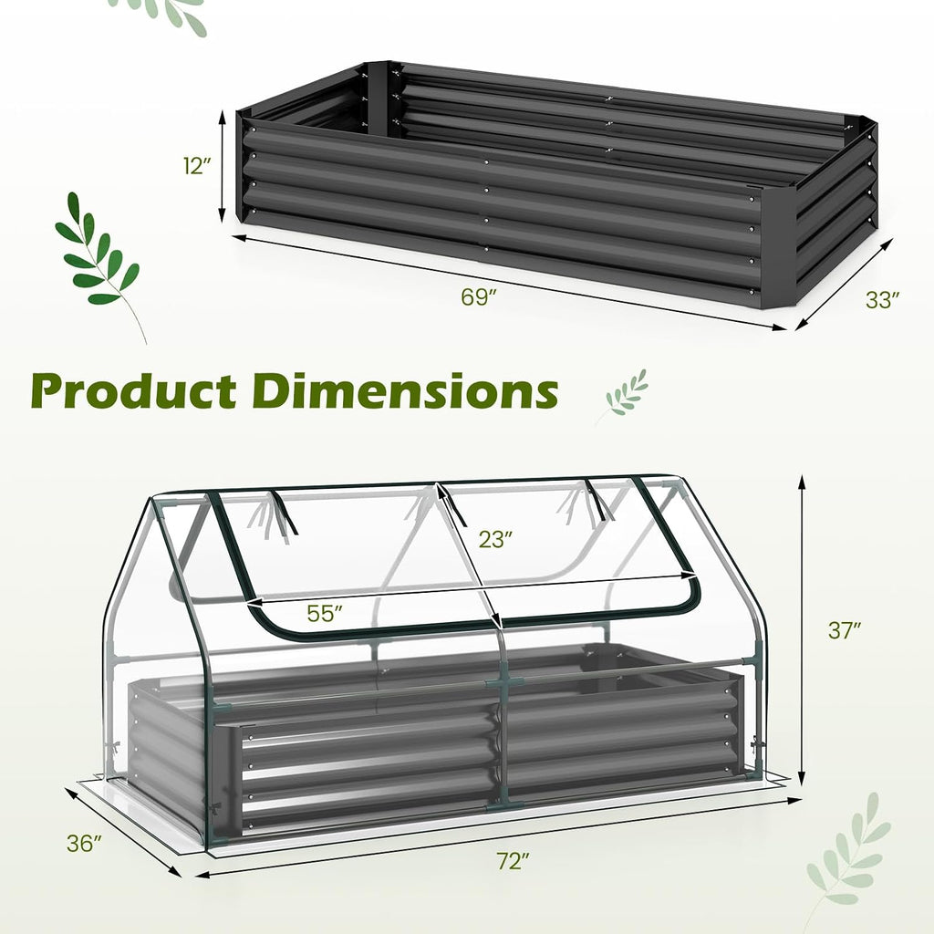 giantex 3-in-1 metal raised garden bed with greenhouse showing dimensions