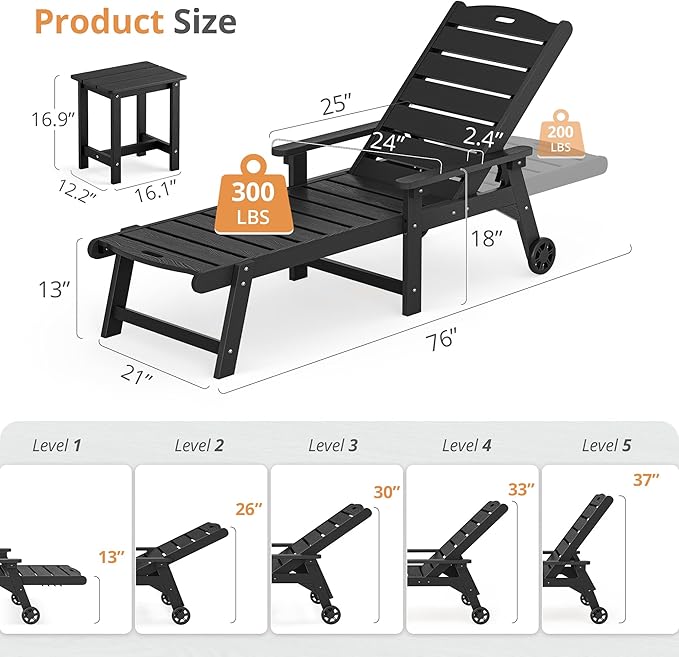 LUE BONA Chaise Lounge Chair with Table, 6-Piece, HDPS Chaise Lounger, 5 Positions Adjustable Lounge Chairs, Pool Lounge Chair with Wheels for Poolside, Backyard, Black