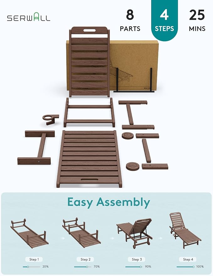 SERWALL Outdoor Chaise Lounge Set of 2, All-Weather HDPE Pool Lounge Chairs with 5-Position Adjustable Reclining Backrest, Rolling Wheels & Cup Holder for Poolside, Brown