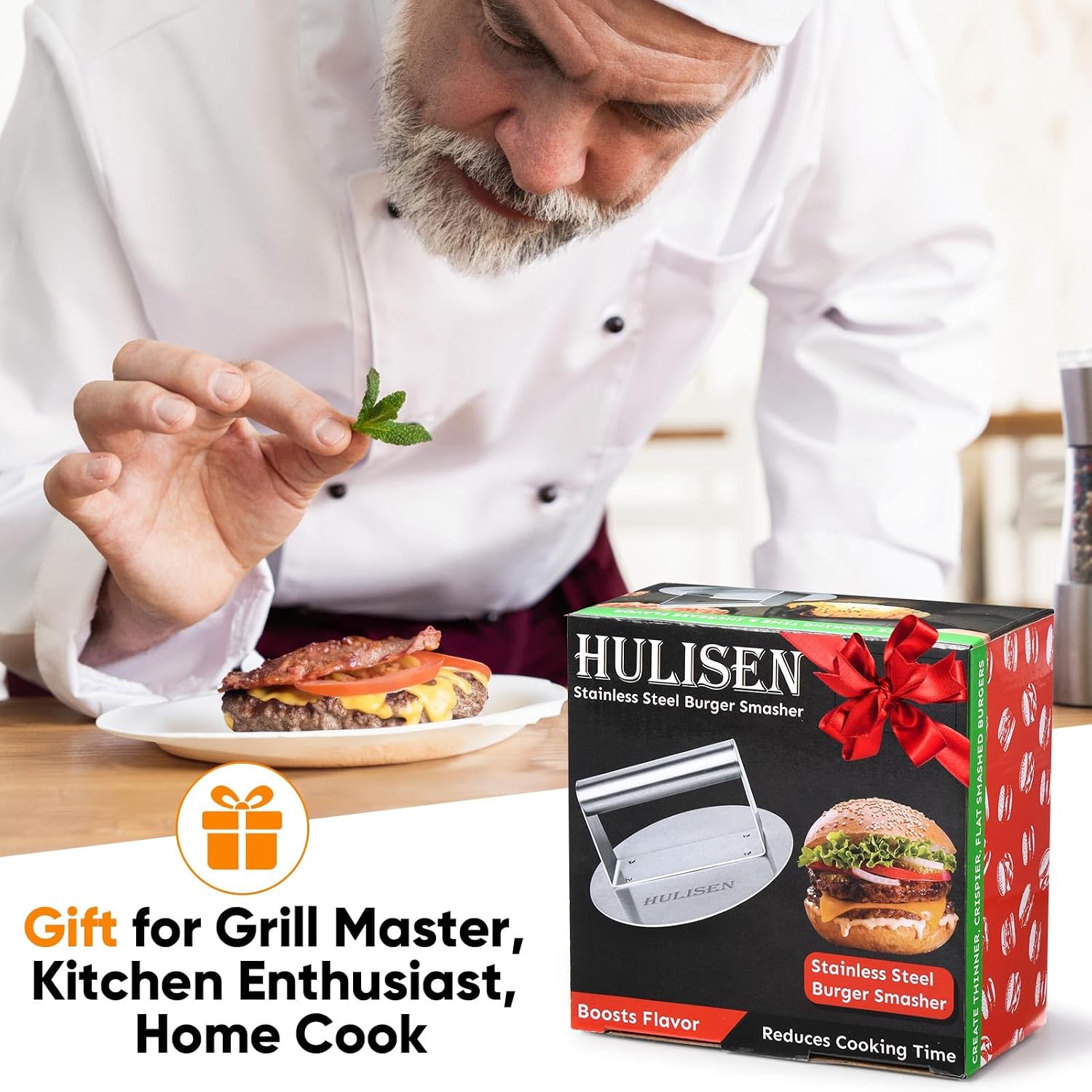HULISEN Stainless Steel Burger Press, 6.2 inch Round Burger Smasher, Professional Griddle Accessories Kit, Grill Press Perfect for Flat Top Griddle Grill Cooking | Flat Edge, Even Pressure for Thin Patties, Dishwasher Safe, Griddle Accessories Fit Flat
