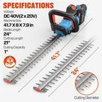 SENIX 40V 24-Inch Cordless Hedge Trimmer, 1-Inch Cut, Grey | Includes 2 Batteries & Dual-Port Charger, Dual-Action Blades, Lightweight, Ideal for Yard Landscaping