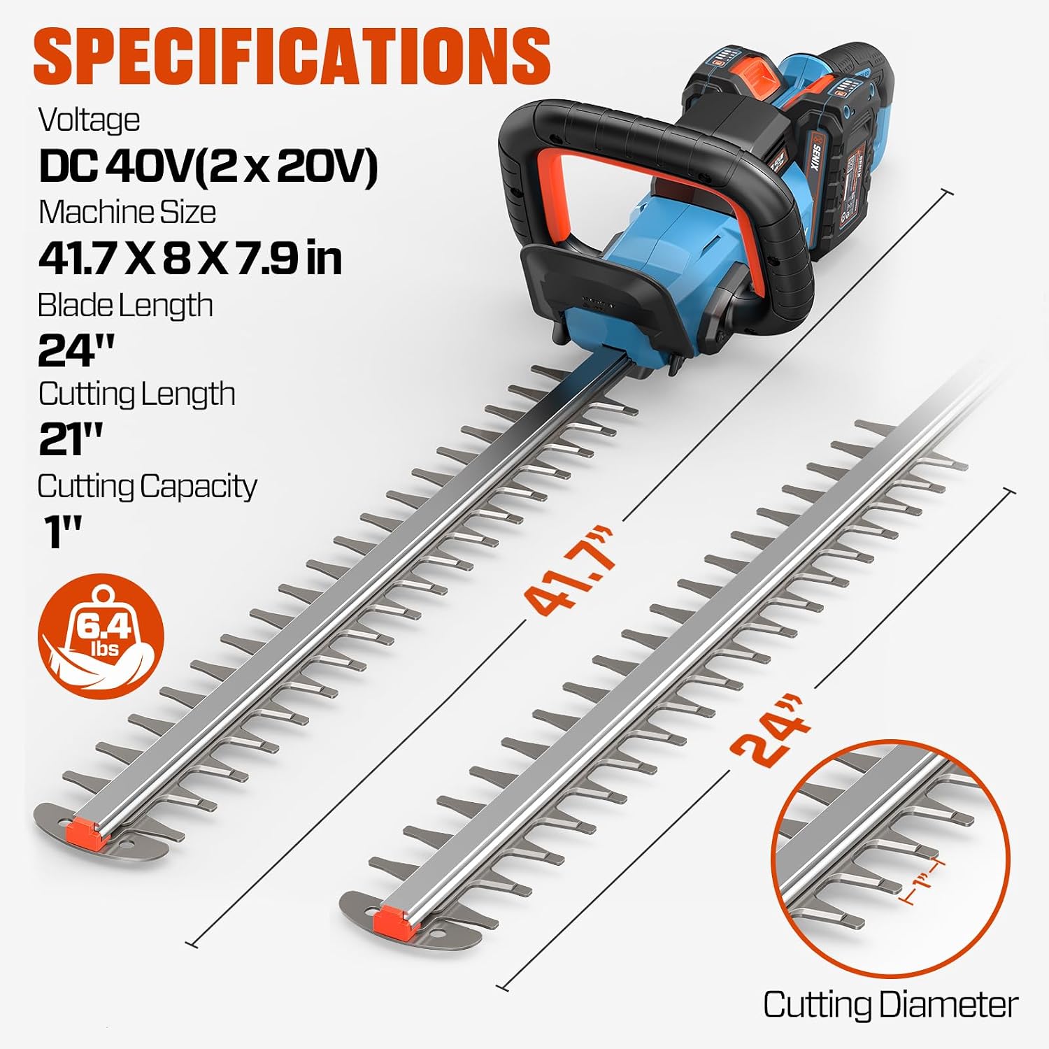 SENIX 40V 24-Inch Cordless Hedge Trimmer, 1-Inch Cut, Grey | Includes 2 Batteries & Dual-Port Charger, Dual-Action Blades, Lightweight, Ideal for Yard Landscaping