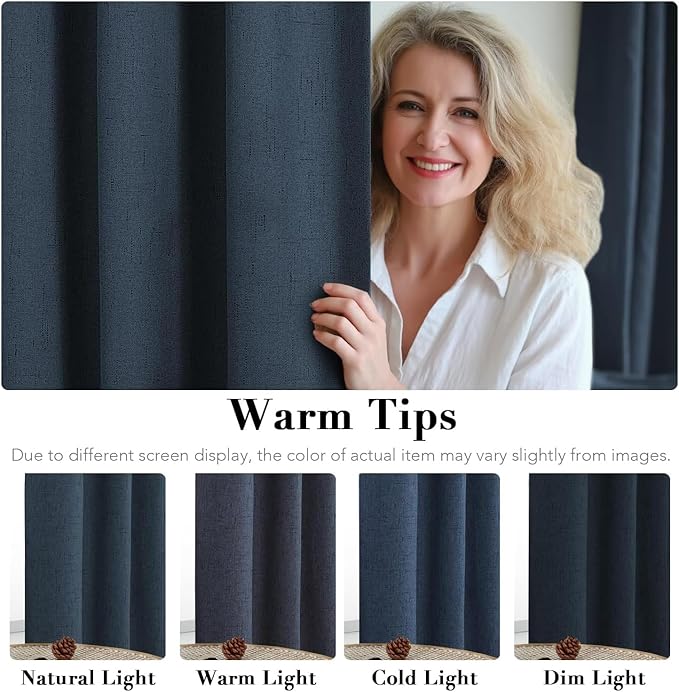 H.VERSAILTEX Linen Curtains 100% Blackout Curtains for Bedroom 102 inch Long Full Light Blocking Nature Linen Blended Window Curtains for Living Room Nickel Grommet (2 Panels, Navy)