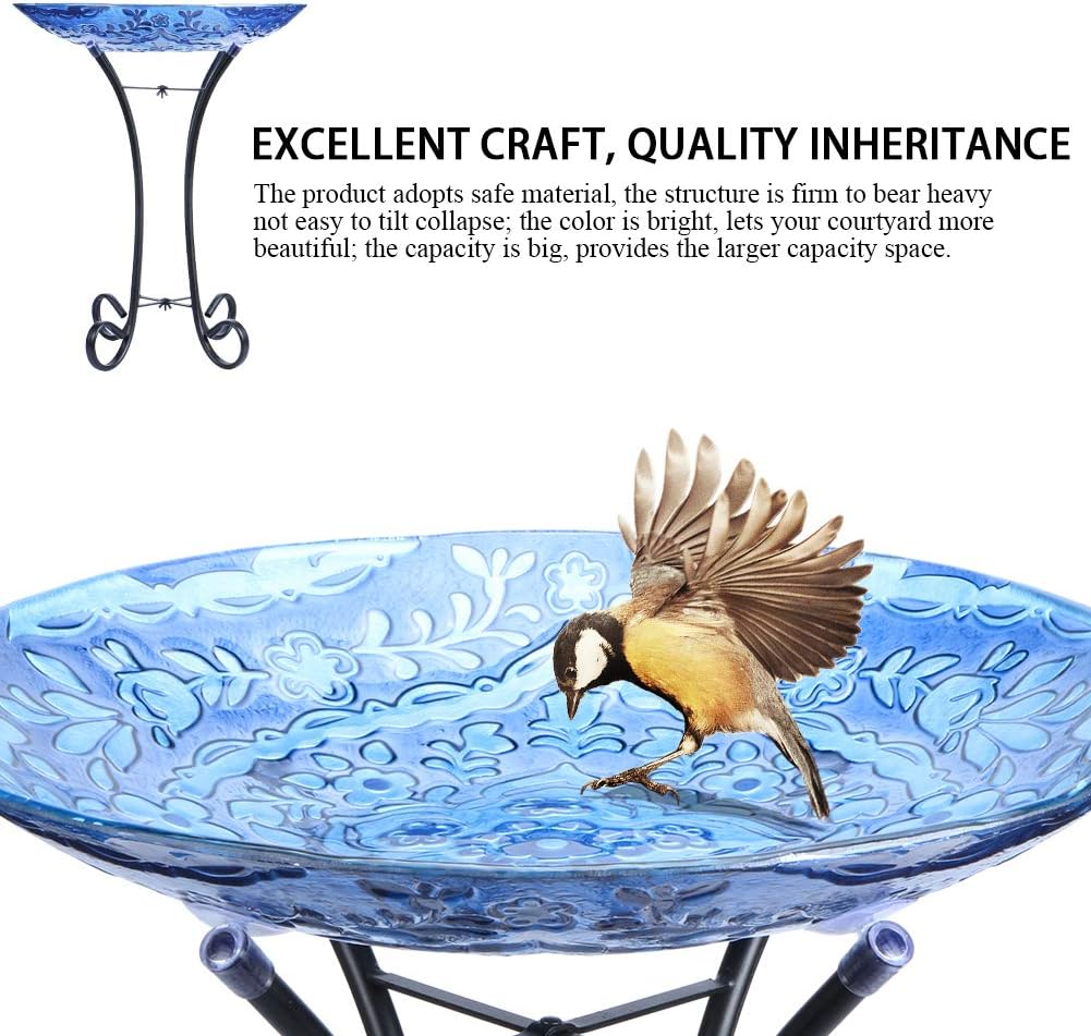 MUMTOP Outdoor Glass Bird Baths with Metal Stand for Lawn Yard Garden Decor | 18 Inch Diameter 21.65 Inch Height Outdoor Large Glass Bird Bath Bowl with Freestanding for Backyard Garden Decoration