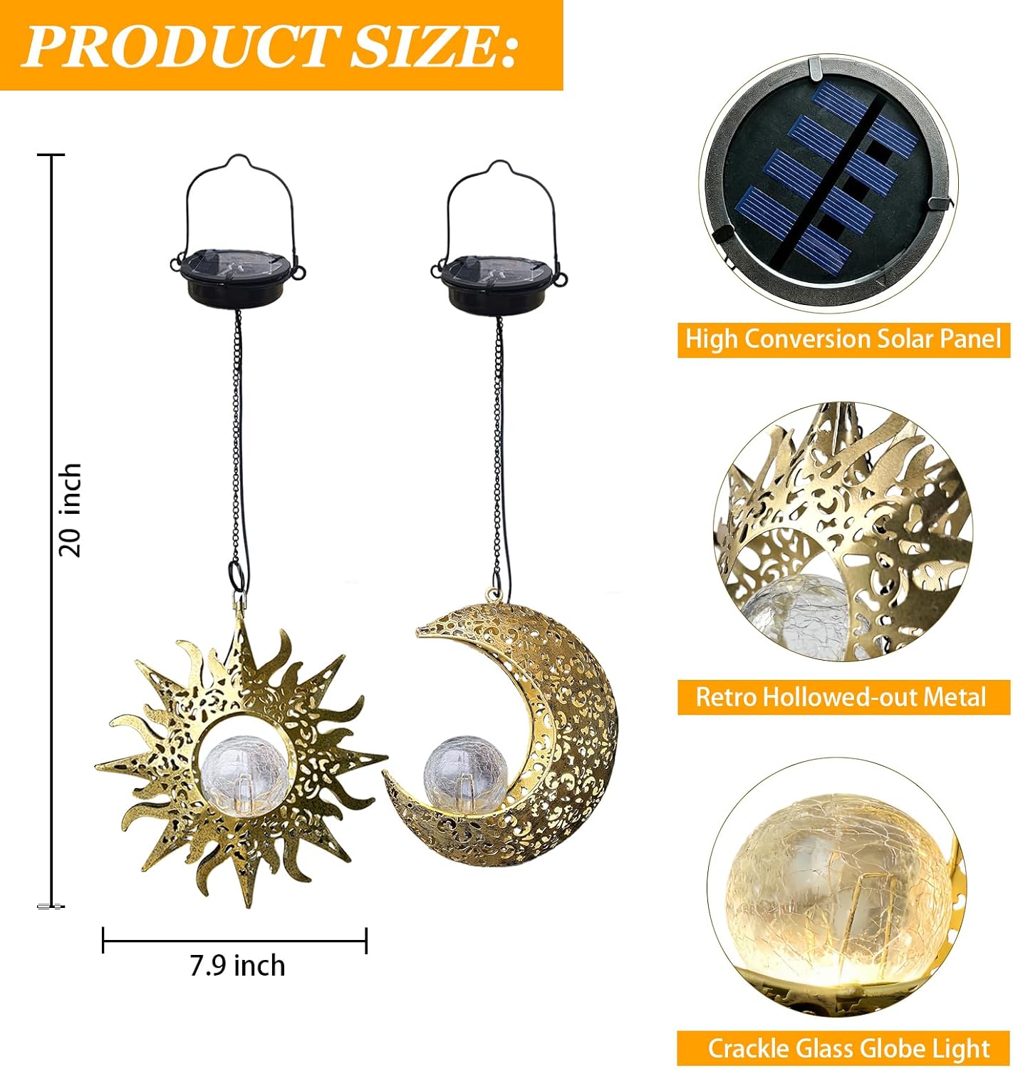 Solar Hanging Lights Outside,Outdoor Lanterns Waterproof Garden Mom Gifts | 20×7.9In Bronze Metal ,Individual Hang,Crackle Glass,8-10Hrs,Patio Tree Decor,Yard Decorations,Wall Art,Vintage Gift for Mom