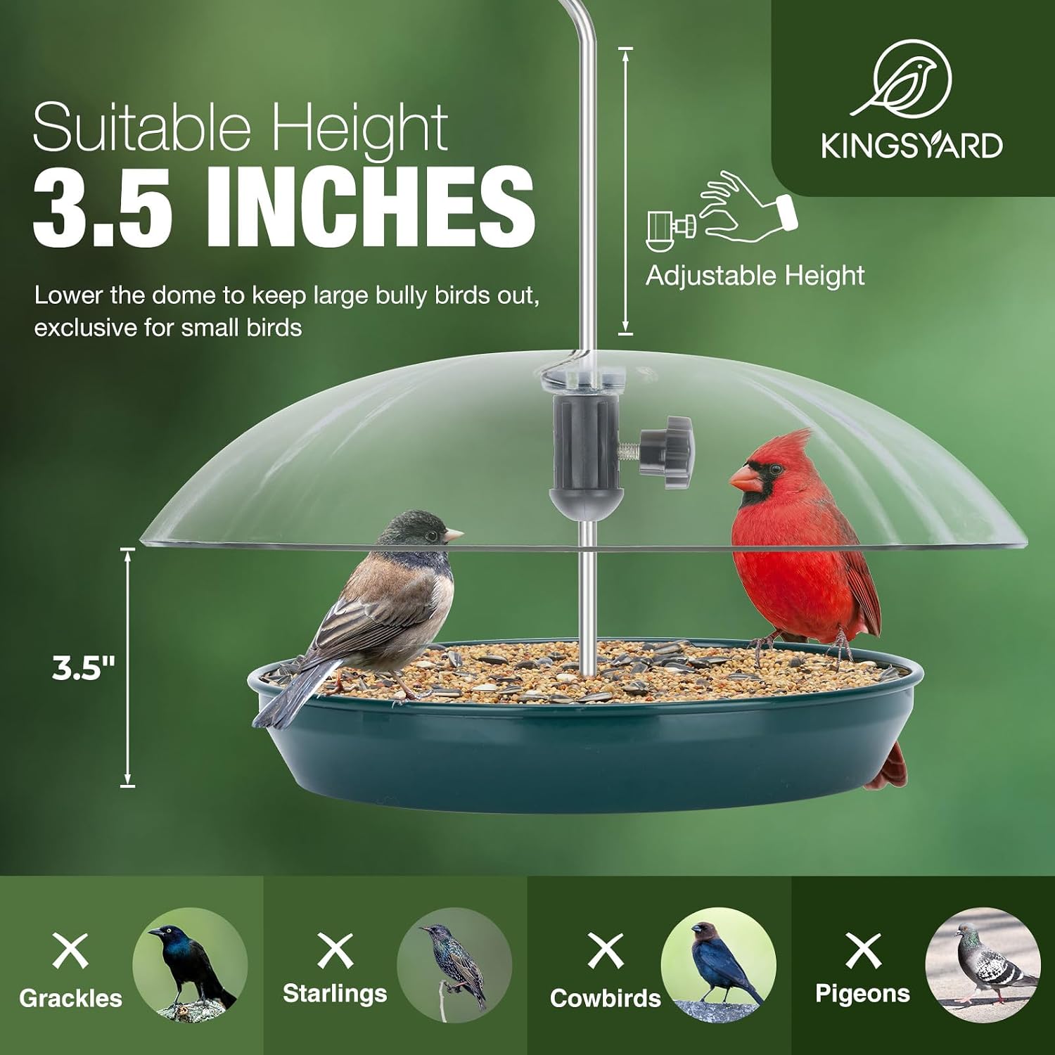 Kingsyard Platform Bird Feeder with Adjustable Dome for Outdoors Hanging | Metal Tray, Adjustable Dome, Adjustable Bird Access, Rain-Resistant, Drainage Holes, Seed & Mealworm Feeder, Green, 2 Pack