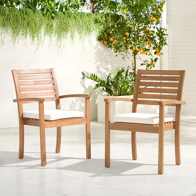 OC Orange-Casual Stackable Patio Dining Chairs Set of 2, Outdoor Acacia Wooden Chairs w/Armrest & Removeable Fabric Cushion, for Porch, Backyard, Garden, Indoor, Beige