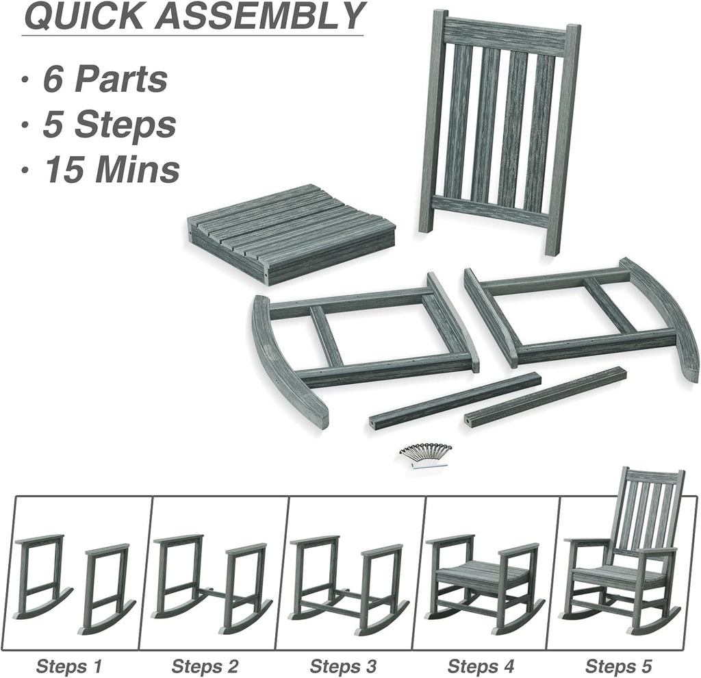 Oversized Outdoor Rocking Chair, Porch Rocker with High Back, Grey | HDPE Patio Rocking Chairs, Weather Resistant & 350lbs Heavy Duty Porch Rocker with High Back for Backyard,Garden and Balcony