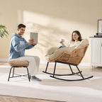 Papasan Rocking Chair with Ottoman, Oversized Papasan Chair, Beige | Indoor & Outdoor Rocker Chair with Padded Cushion for Living Room, Patio, Garden