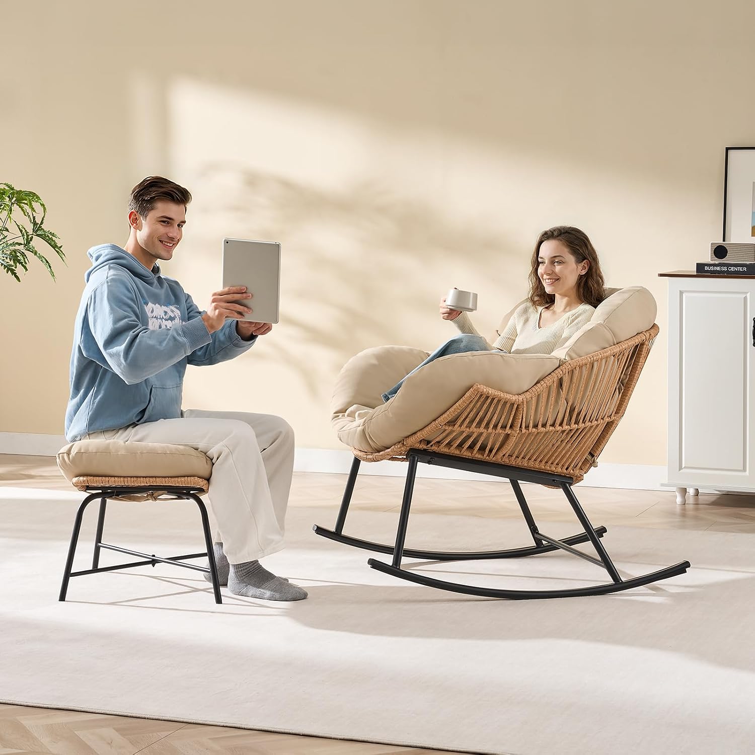 Papasan Rocking Chair with Ottoman, Oversized Papasan Chair, Beige | Indoor & Outdoor Rocker Chair with Padded Cushion for Living Room, Patio, Garden