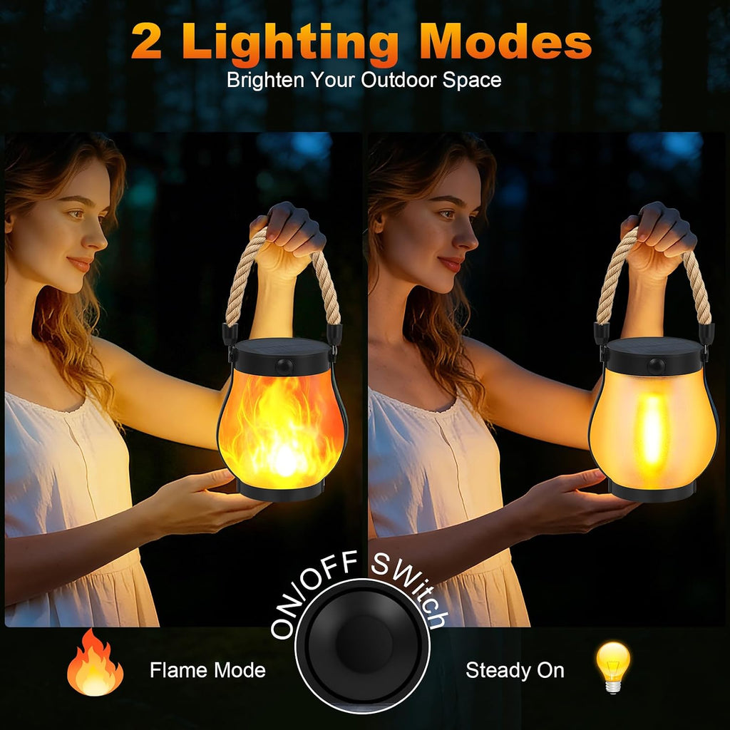 Solar Lanterns Outdoor 2-Pack with Ultra-Real Flame Lights, Dual Charging (USB/Solar), 2 Modes & Outdoor Waterproof Design — Decorative Hanging/Table Lights for Yard, Patio, Garden