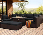 NICESOUL 9 Piece Patio Furniture Set with Fireplace Natural Gas/Propane, 29.3'' High Back Large Wicker Outdoor Sectional Sofa Sets, Deep Seat Sitting Area Backyard, Brown Rattan and Black Cushion