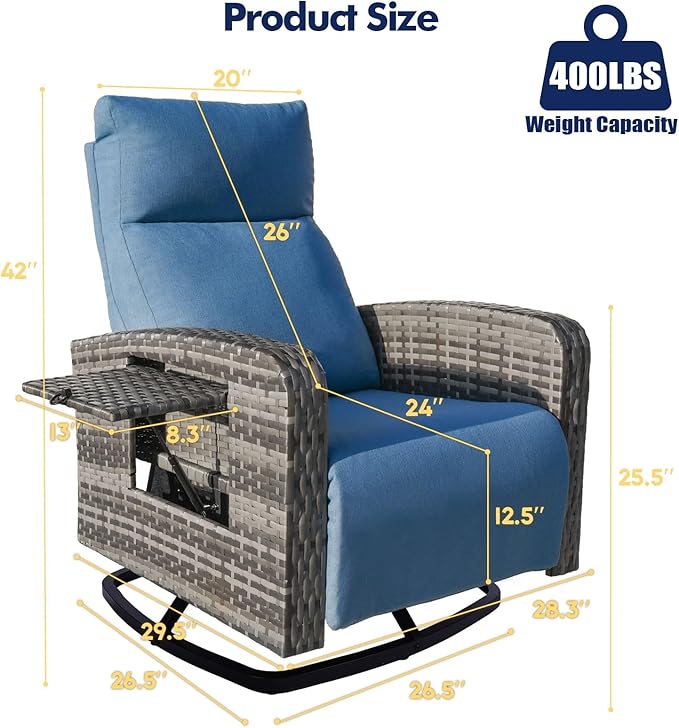 Outdoor Recliner Chair, Wicker Patio Recliners with Adjustable Backrest and Extended Foot Rest, Reclining Patio Chairs with Flip Table & Removable Cushion Cover for Porch